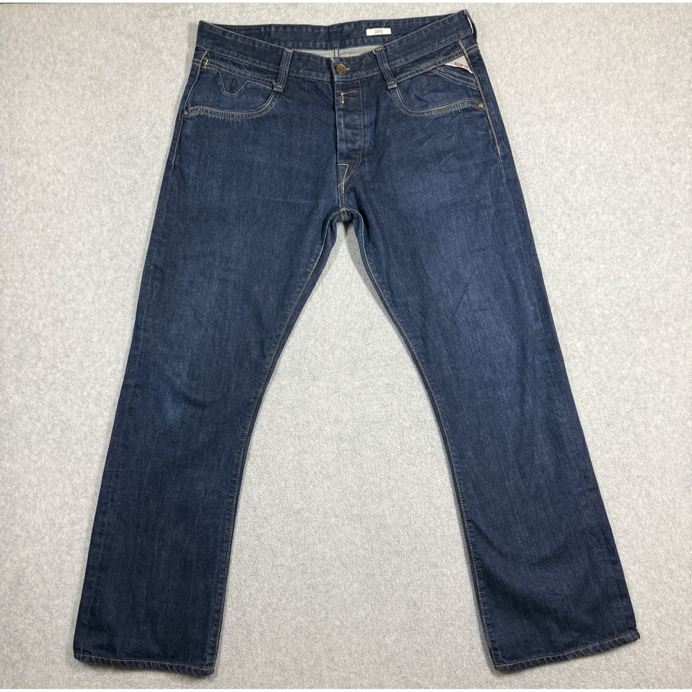 Replay JIMI Jeans Mens 36x36 Blue BOOTCUT Button Fly Dark‎ Wash Distressed